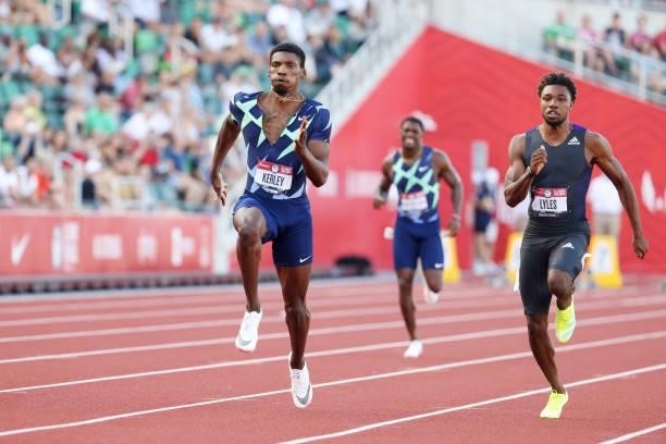 Fred Kerley and Noah Lyles compete in the Men's 100 Meter Final on day three of the 2020 U.S. Olympic Track & Field Team Trials at Hayward Field on...