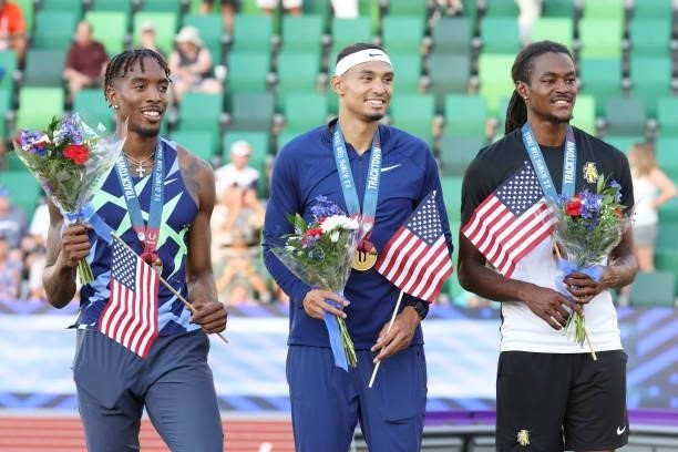 Michael Norman , first, Michael Cherry , second, and Randolph Ross , third pose after the Men's 400 Meters Final on day three of the 2020 U.S....