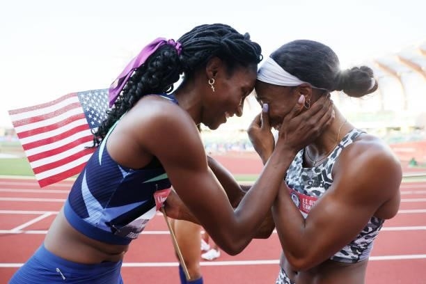 Quanera Hayes congratulates Keni Harrison reacts after winning the Women's 100 Meter Hurdles Final on day three of the 2020 U.S. Olympic Track &...