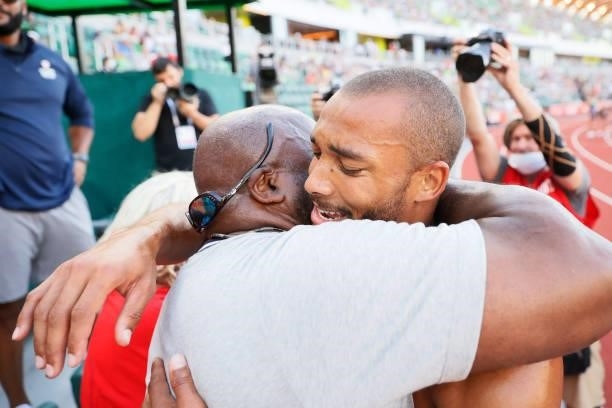 Garrett Scantling hugs his father Michael Scantling after winning the Men's Decathlon on day three of the 2020 U.S. Olympic Track & Field Team Trials...