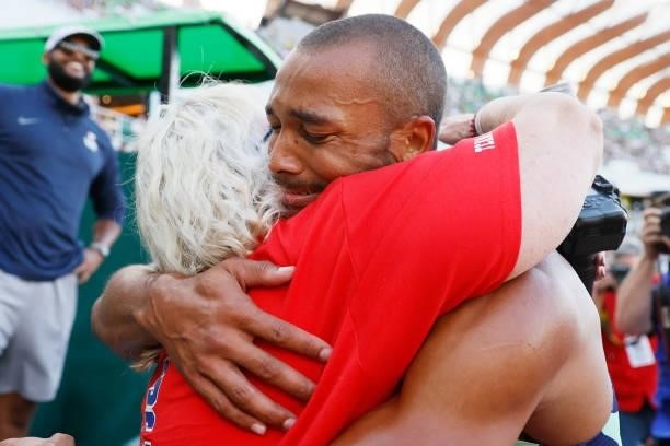 Garrett Scantling hugs his mother Robbie Scantling after winning the Men's Decathlon on day three of the 2020 U.S. Olympic Track & Field Team Trials...