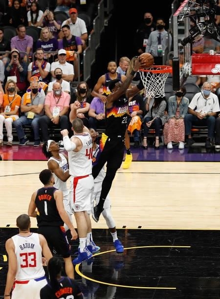 Deandre Ayton of the Phoenix Suns slam dunks the ball against the LA Clippers during the second half of game one of the Western Conference Finals at...
