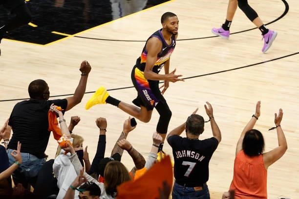 Mikal Bridges of the Phoenix Suns reacts to a three-point shot against the LA Clippers during the second half of game one of the Western Conference...