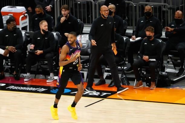 Mikal Bridges of the Phoenix Suns reacts to a three-point shot against the Los Angeles Clippers during the second half of game one of the Western...