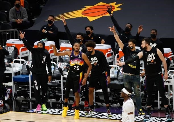 Mikal Bridges of the Phoenix Suns reacts to a three-point shot against the LA Clippers during the second half of game one of the Western Conference...