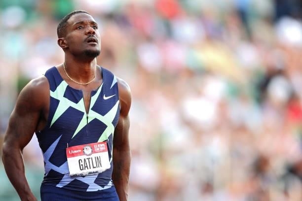 Justin Gatlin looks on after the Men's 100 Meter Final on day 3 of the 2020 U.S. Olympic Track & Field Team Trials at Hayward Field on June 20, 2021...