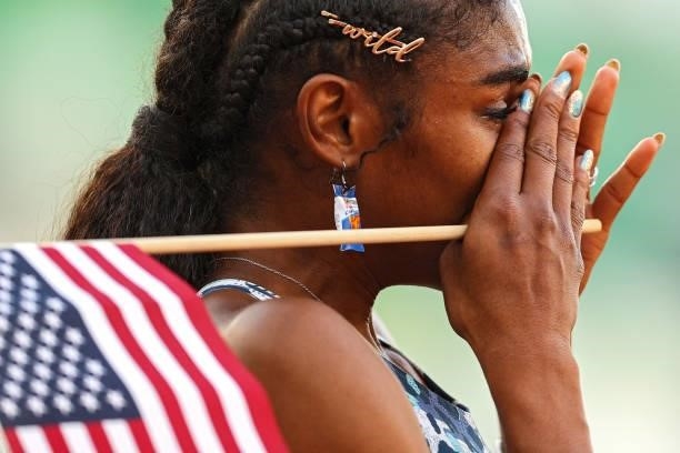 Christina Clemons cries after the Women's 100 Meter Hurdles Final on day three of the 2020 U.S. Olympic Track & Field Team Trials at Hayward Field on...