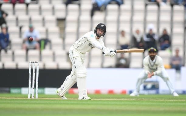 Devon Conway of New Zealand plays the leg glance shot while batting during Day 3 of the ICC World Test Championship Final between India and New...