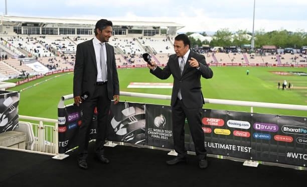 Commentary team Kumar Sangakkara and Sunil Gavaskar speak during the tea break during Day 3 of the ICC World Test Championship Final between India...