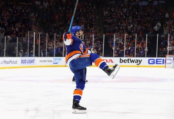 Josh Bailey of the New York Islanders celebrates his goal against the Tampa Bay Lightning in Game Four of the Stanley Cup Semifinals during the 2021...