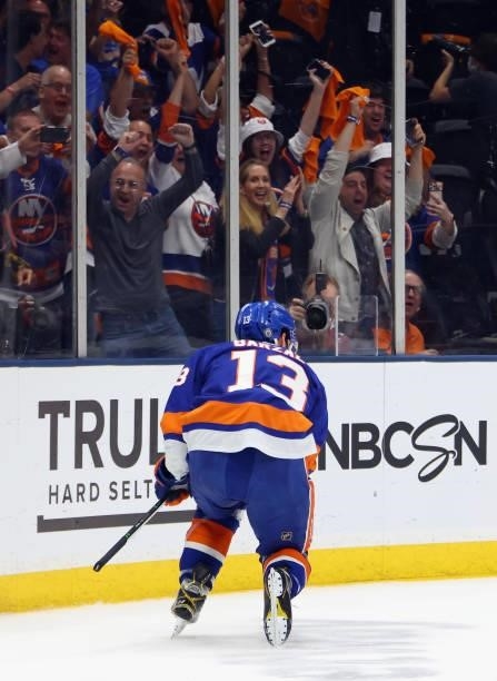 Mathew Barzal of the New York Islanders celebrates his goal against the Tampa Bay Lightning in Game Four of the Stanley Cup Semifinals during the...