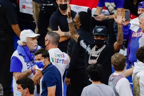 Quavo is seen during Game Seven of the Eastern Conference Semifinals at Wells Fargo Center between the Philadelphia 76ers and the Atlanta Hawks on...