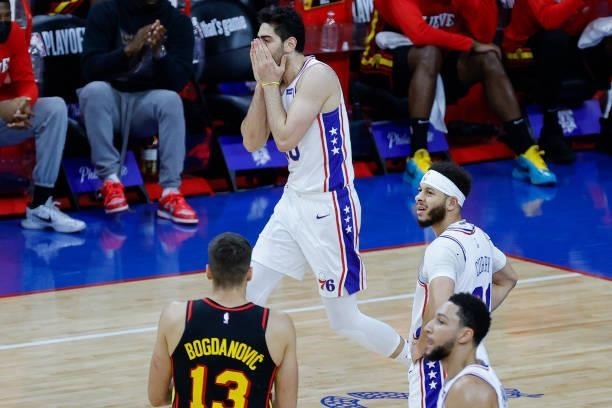 Furkan Korkmaz of the Philadelphia 76ers reacts to a call during the second quarter against the Atlanta Hawks during Game Seven of the Eastern...