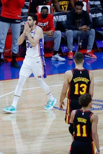Furkan Korkmaz of the Philadelphia 76ers reacts to a call during the second quarter against the Atlanta Hawks during Game Seven of the Eastern...