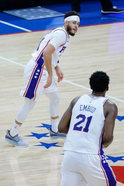 Seth Curry of the Philadelphia 76ers celebrates during the second quarter against the Atlanta Hawks during Game Seven of the Eastern Conference...
