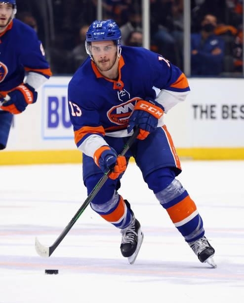 Mathew Barzal of the New York Islanders skates against the Tampa Bay Lightning in Game Four of the Stanley Cup Semifinals during the 2021 Stanley Cup...