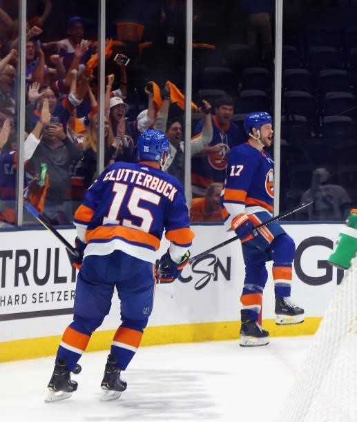 Matt Martin of the New York Islanders celebrates his second period goal against the Tampa Bay Lightning in Game Four of the Stanley Cup Semifinals...