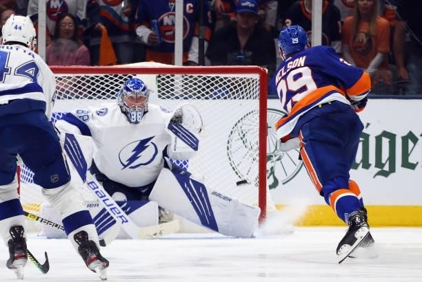 Andrei Vasilevskiy of the Tampa Bay Lightning makes the save on Brock Nelson of the New York Islanders in Game Four of the Stanley Cup Semifinals...