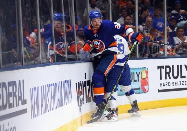 Scott Mayfield of the New York Islanders skates against the Tampa Bay Lightning in Game Four of the Stanley Cup Semifinals during the 2021 Stanley...