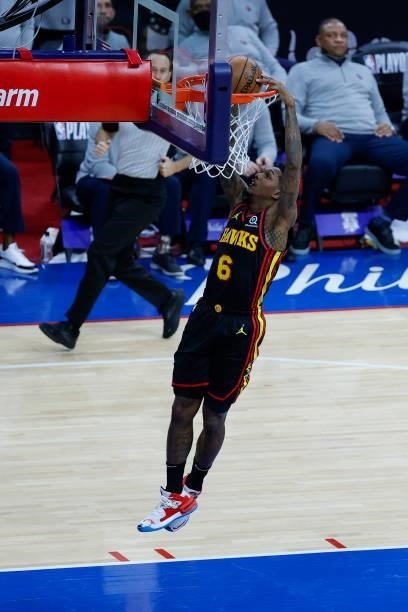 Lou Williams of the Atlanta Hawks dunks during the third quarter against the Philadelphia 76ers during Game Seven of the Eastern Conference...