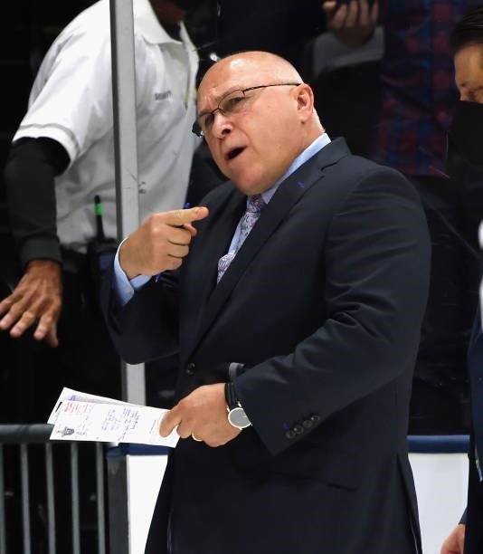 Head coach Barry Trotz of the New York Islanders works the game against the Tampa Bay Lightning in Game Four of the Stanley Cup Semifinals during the...
