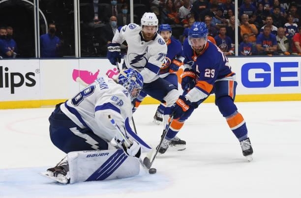 Brock Nelson of the New York Islanders is stopped by Andrei Vasilevskiy of the Tampa Bay Lightning in Game Four of the Stanley Cup Semifinals during...