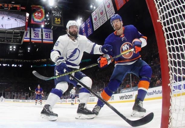 Nikita Kucherov of the Tampa Bay Lightning skates against Scott Mayfield of the New York Islanders in Game Four of the Stanley Cup Semifinals during...