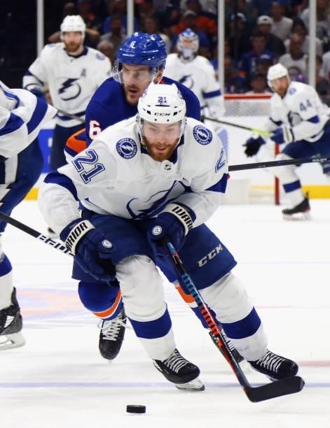 Brayden Point of the Tampa Bay Lightning skates against the New York Islanders in Game Four of the Stanley Cup Semifinals during the 2021 Stanley Cup...