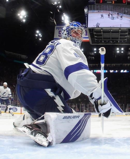 Andrei Vasilevskiy of the Tampa Bay Lightning skates against the New York Islanders in Game Four of the Stanley Cup Semifinals during the 2021...