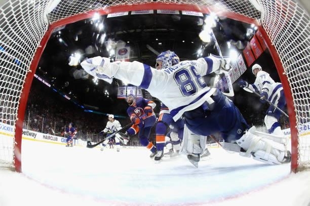 Andrei Vasilevskiy of the Tampa Bay Lightning skates against the New York Islanders in Game Four of the Stanley Cup Semifinals during the 2021...