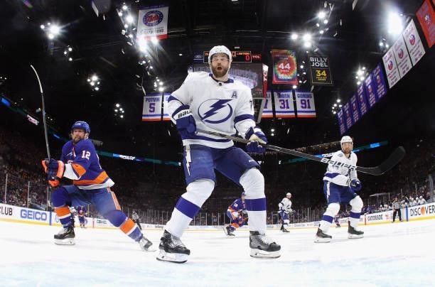 Victor Hedman of the Tampa Bay Lightning skates against the New York Islanders in Game Four of the Stanley Cup Semifinals during the 2021 Stanley Cup...