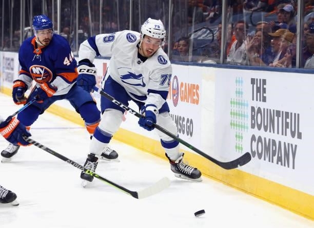 Ross Colton of the Tampa Bay Lightning skates against the New York Islanders in Game Four of the Stanley Cup Semifinals during the 2021 Stanley Cup...