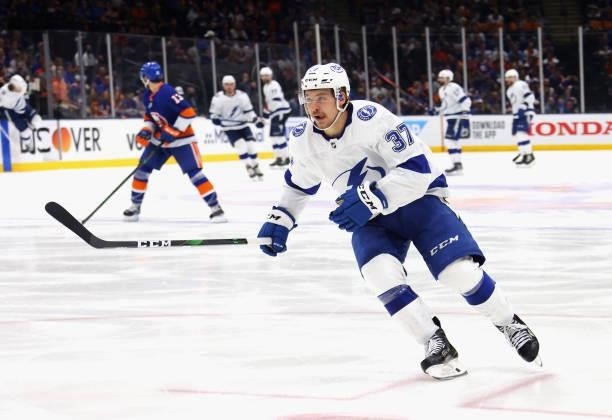 Yanni Gourde of the Tampa Bay Lightning skates against the New York Islanders in Game Four of the Stanley Cup Semifinals during the 2021 Stanley Cup...