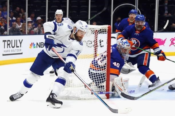 Barclay Goodrow of the Tampa Bay Lightning skates against the New York Islanders in Game Four of the Stanley Cup Semifinals during the 2021 Stanley...