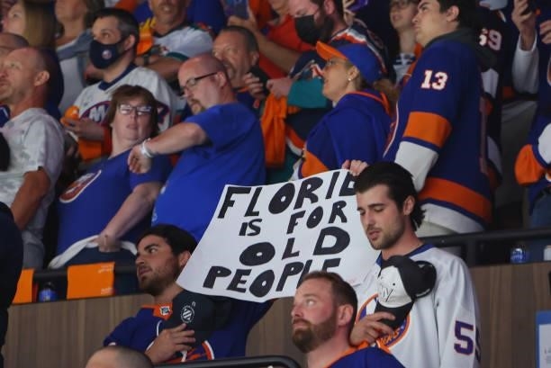 Fans attend the game between the New York Islanders and the Tampa Bay Lightning in Game Four of the Stanley Cup Semifinals during the 2021 Stanley...