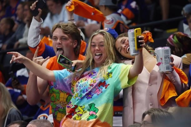 Fans attend the game between the New York Islanders and the Tampa Bay Lightning in Game Four of the Stanley Cup Semifinals during the 2021 Stanley...