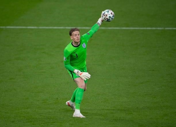 England goalkeeper Jordan Pickford throws the ball out during the UEFA Euro 2020 Championship Group D match between England and Scotland at Wembley...