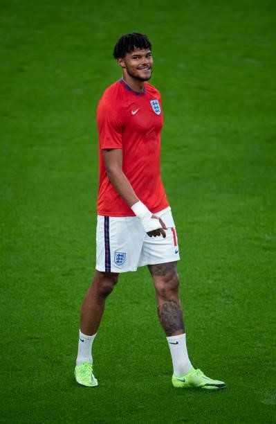Tyrone Mings of England warms up before the UEFA Euro 2020 Championship Group D match between England and Scotland at Wembley Stadium on June 18,...