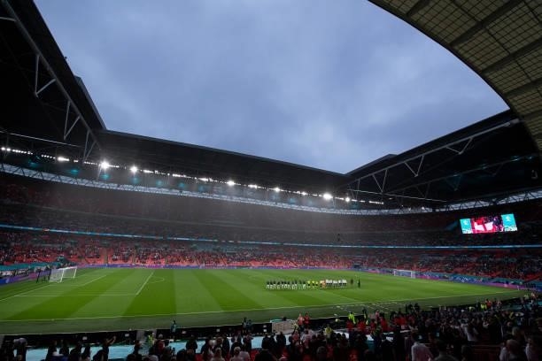 General view of Wembley Stadium as the players line up for the national anthems before the UEFA Euro 2020 Championship Group D match between England...