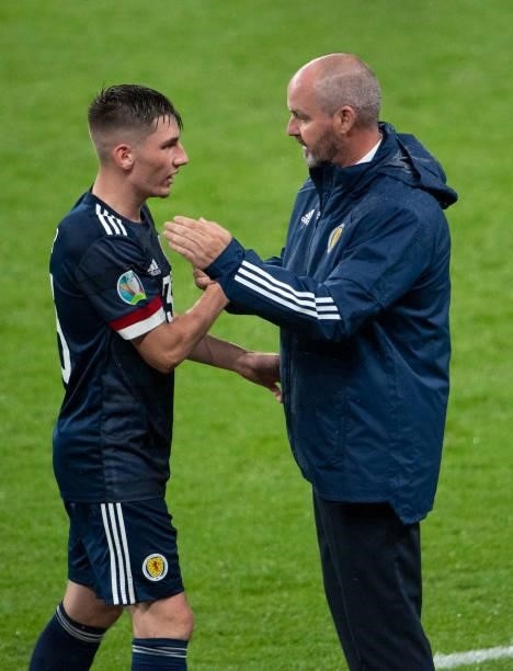 Scotland head coach Steve Clarke greets Billy Gilmour after he is substituted during the UEFA Euro 2020 Championship Group D match between England...