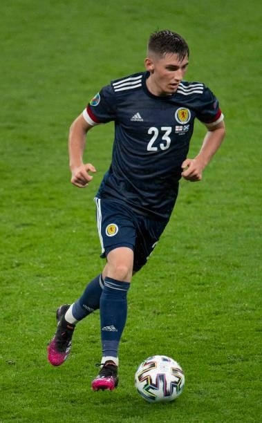 Billy Gilmour of Scotland in action during the UEFA Euro 2020 Championship Group D match between England and Scotland at Wembley Stadium on June 18,...