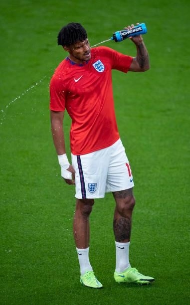 Tyrone Mings of England warms up before the UEFA Euro 2020 Championship Group D match between England and Scotland at Wembley Stadium on June 18,...