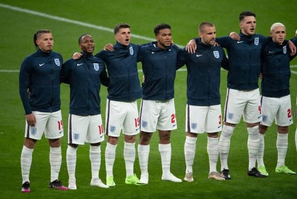 England players sing the national anthem before the UEFA Euro 2020 Championship Group D match between England and Scotland at Wembley Stadium on June...