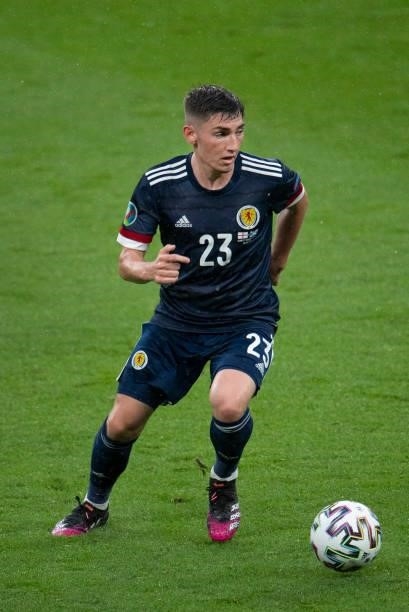 Billy Gilmour of Scotland in action during the UEFA Euro 2020 Championship Group D match between England and Scotland at Wembley Stadium on June 18,...