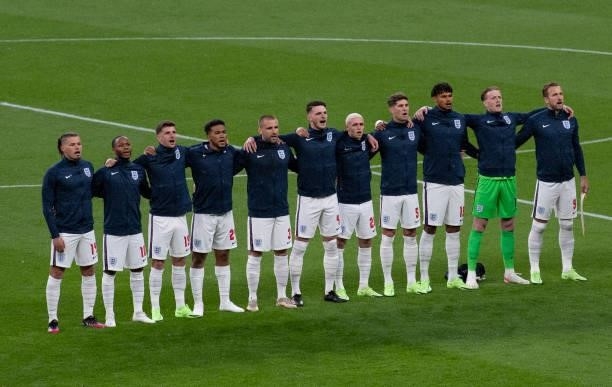 England players sing the national anthem before the UEFA Euro 2020 Championship Group D match between England and Scotland at Wembley Stadium on June...