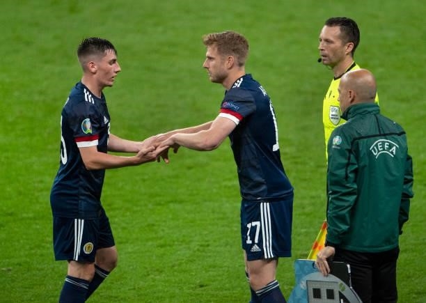 Billy Gilmour of Scotland is substituted for Stuart Armstrong during the UEFA Euro 2020 Championship Group D match between England and Scotland at...