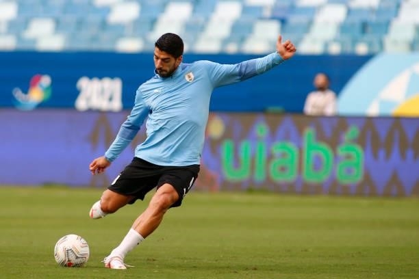 Luis Suarez of Uruguay kicks the ball before a group A match between Uruguay and Chile as part of Conmebol Copa America Brazil 2021 at Arena Pantanal...