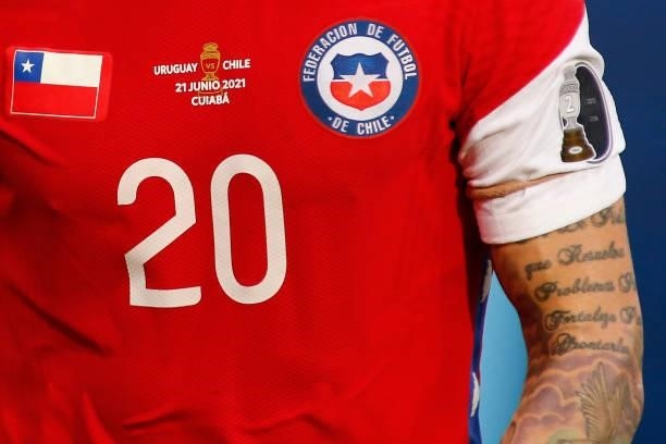 Detail of the jersey of Charles Aránguiz of Chile during a group A match between Uruguay and Chile as part of Conmebol Copa America Brazil 2021 at...