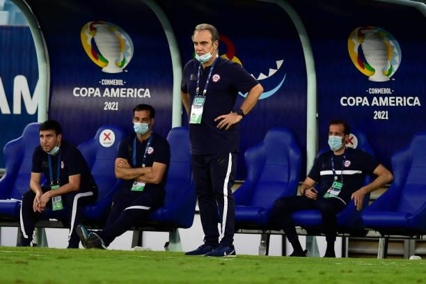 Head coach of Chile Martin Lasarte looks on during a group A match between Uruguay and Chile as part of Conmebol Copa America Brazil 2021 at Arena...