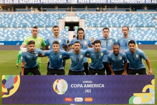 Players of Uruguay pose before a group A match between Uruguay and Chile as part of Conmebol Copa America Brazil 2021 at Arena Pantanal on June 21,...